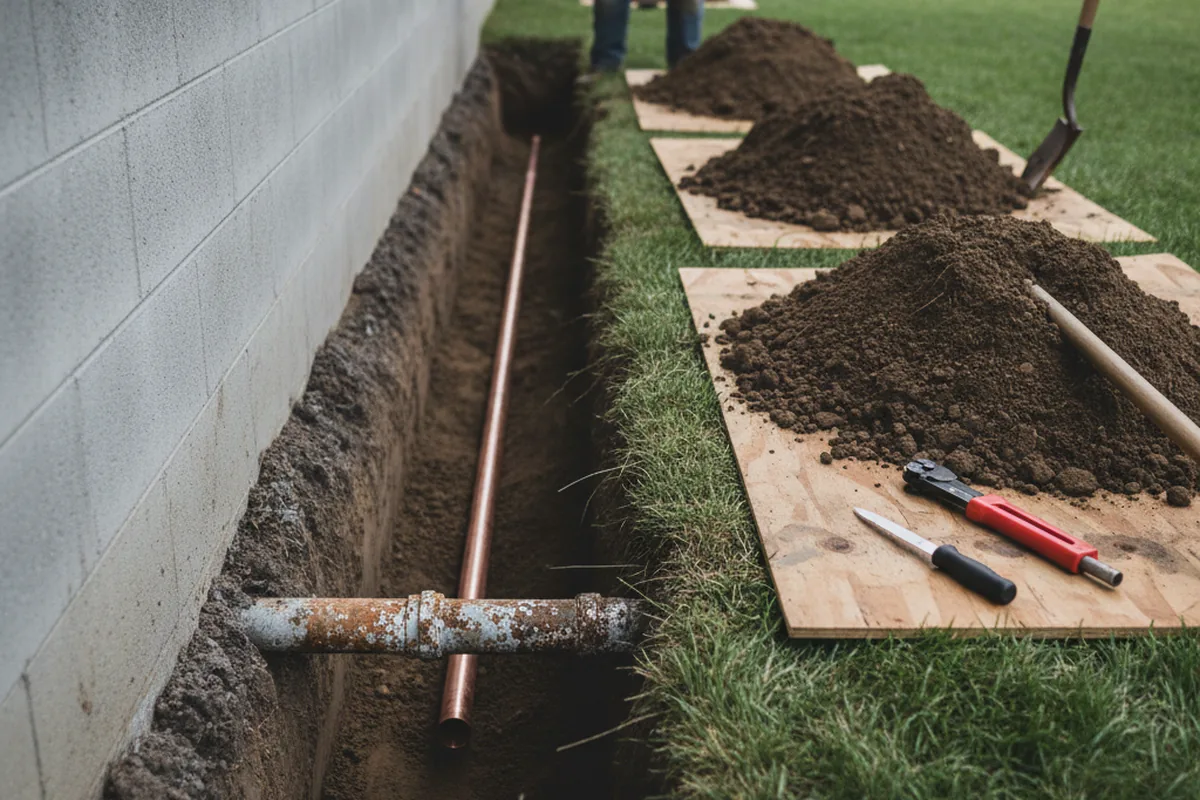 Excavated water line trench during Water Softener Installation in Sodus Point